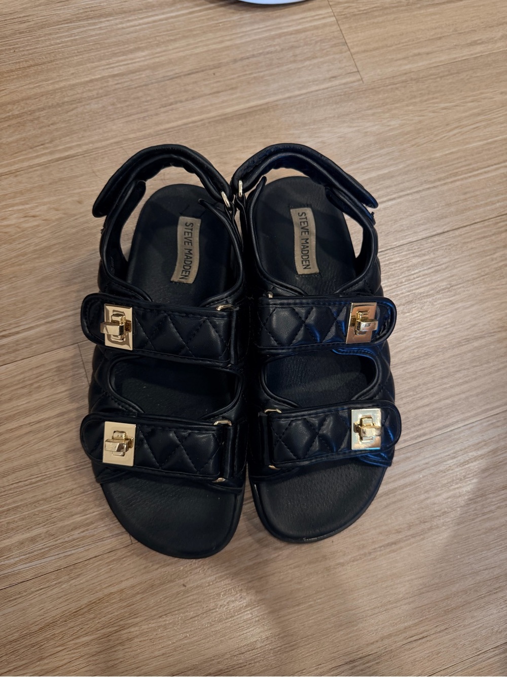 Steve Madden Black Quilted Strap Sandals with Gold Accents